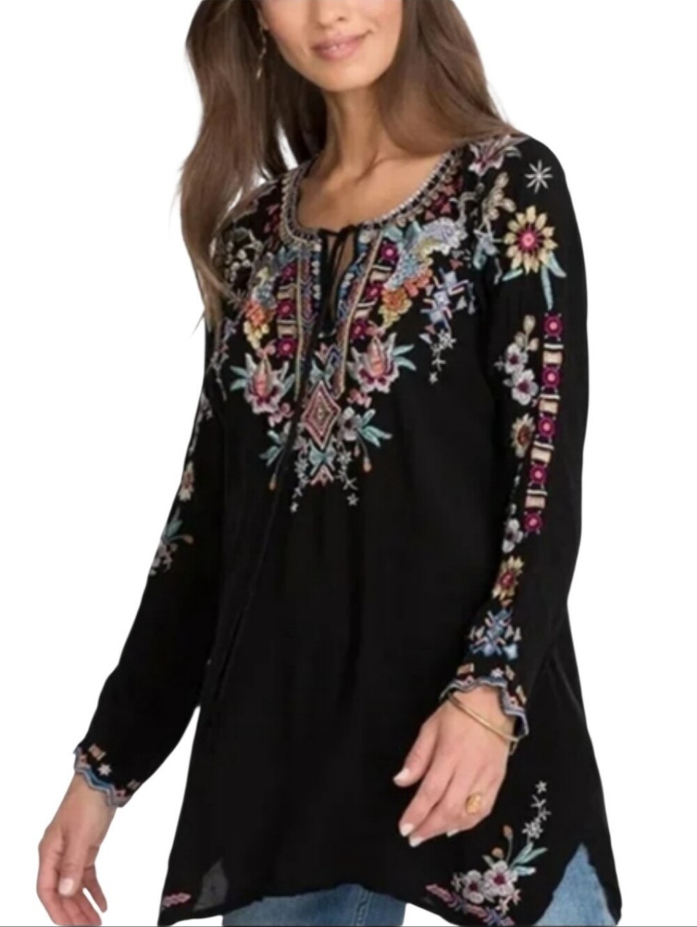 Johnny Was Sunflower Blouse Cupra Rayon Embroidered Floral Black Tunic Top XXS
